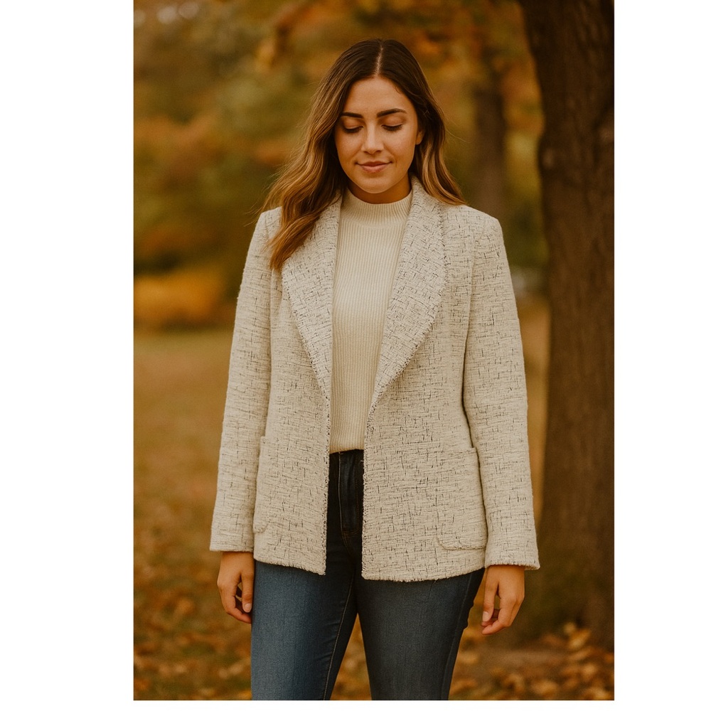 White Textured Tweed Blazer